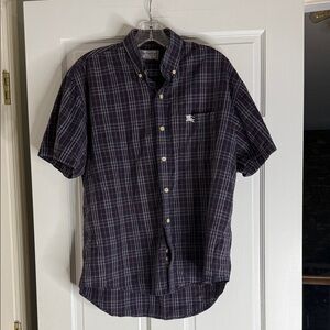Burberry Navy and Red Plaid Button-Down Shirt. Large